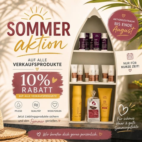 Summer promotional poster featuring a shelf display of cosmetic products with 10% discount offer on all sales items